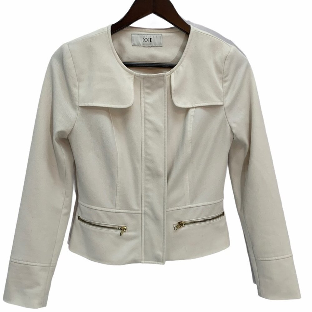 𝅺xxi💐white Cropped Lined Jacket Zippered Front Cropped Size S - Picture 2 of 8